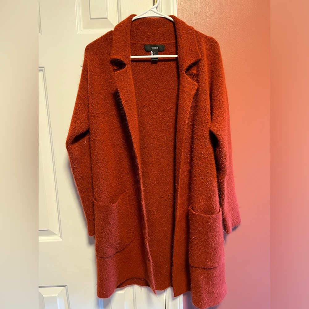 Fuzzy rust red notched collar cardigan